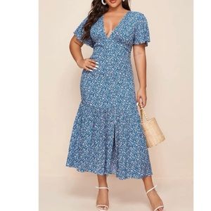 Blue plus size plunging neck dress